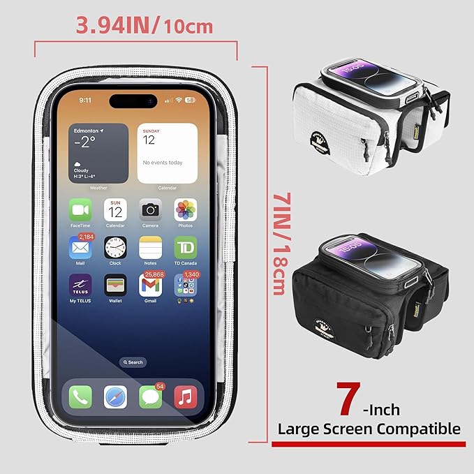 Rhinowalk Bike Front Frame Bag Bicycle Top Tube Frame Storage Waterproof Bicycle Handlebar Bag Fit Smartphone Professional Cycling Accessories-Black