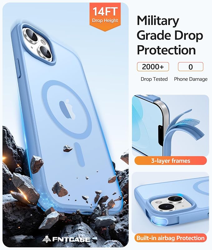 FNTCASE for iPhone 15 Plus Case: for iPhone 14 Plus Case Translucent Matte Military Grade Protective Phone Cover - Slim Anti-Slip Durable Shockproof Drop Protection Cases - Light Blue