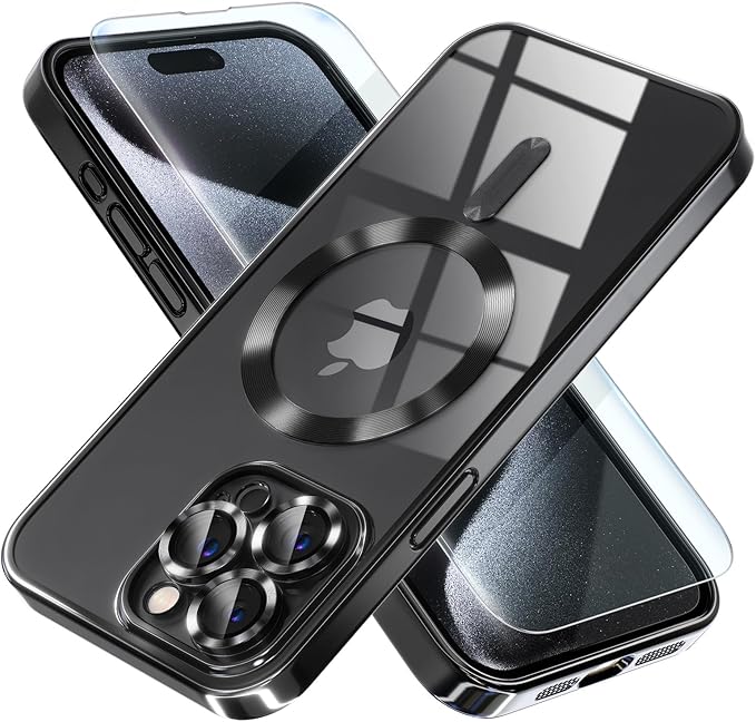 Misea Magnetic for iPhone 15 Pro Max Case with MagSafe [Never Yellowing] [Military Grade Drop Protection] Full Camera Lens Protector Plating Soft Clear Phone Case for Women Girls, Black