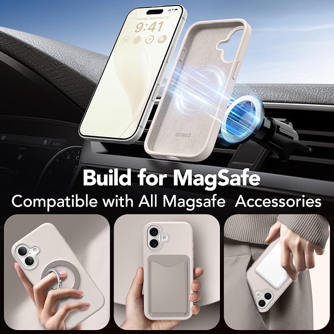 GONEZ Magnetic for iPhone 17 Case, Compatible with MagSafe, [Screen Protector + Camera Lens Protector], Liquid Silicone Anti-Scratch Shockproof Protective Phone Case 6.3 inch, Stone