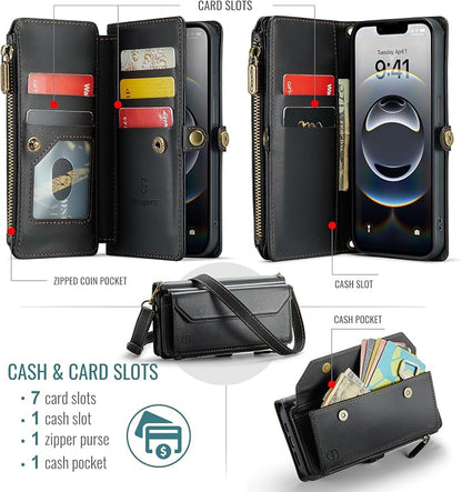 Strapurs Crossbody Wallet Case Compatible with iPhone 17e / iPhone 16e RFID Blocking 7-Card Holder PU Leather Magnetic Snap Shoulder Strap Zipper Pocket Phone Cases for iPhone 17e / 16e - Black