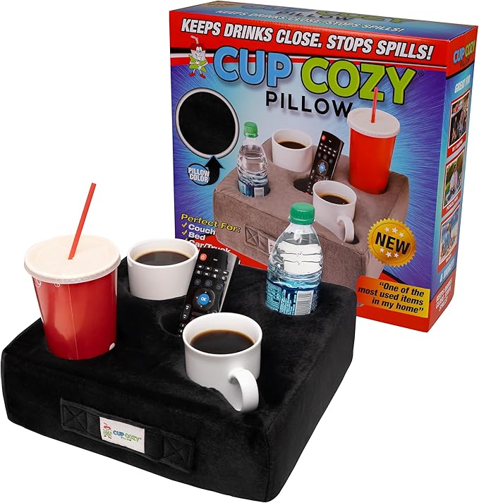 The Original Cup Cozy Pillow 5 Hole Black As Seen on TV-Cup Holder Caddy for Couch, Sofa, Bed, Car, RV, Park, Beach, & More!