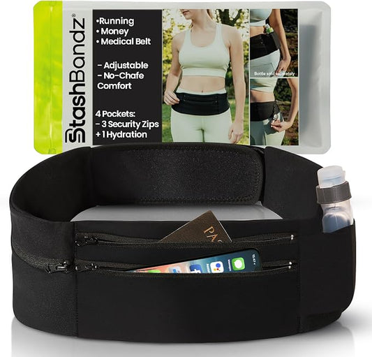 StashBandz Adjustable Running Belt - 3 Zippered Pockets + Water Bottle Holder, No-Bounce Travel Money Belt, Sports Fanny Pack, Waist Pack with Key Clip, Fits Any Size Phone, Passport & More