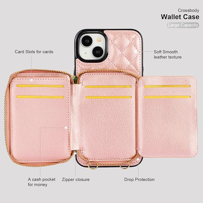 Bocasal Crossbody Wallet Case for iPhone 15 Plus, RFID Blocking PU Leather Zipper Handbag Purse Flip Cover, Kickstand Folio Case with Card Slots Holder Wrist Strap Lanyard 5G 6.7 Inch (Rose Gold)