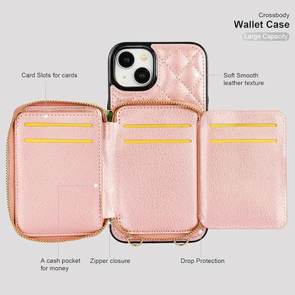 Bocasal Crossbody Wallet Case for iPhone 15 Plus, RFID Blocking PU Leather Zipper Handbag Purse Flip Cover, Kickstand Folio Case with Card Slots Holder Wrist Strap Lanyard 5G 6.7 Inch (Rose Gold)