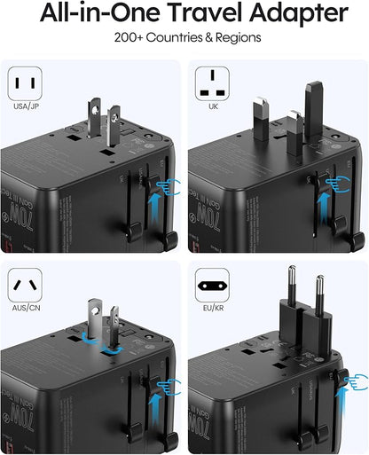 70W Universal Travel Adapter, Nekmit International Power Adapter with Retractable USB C Fast Charger Cable, 6-Port Travel Plug with 2 AC, 2 USB-A and 2 USB-C Ports Compatible with Over 200 Countries