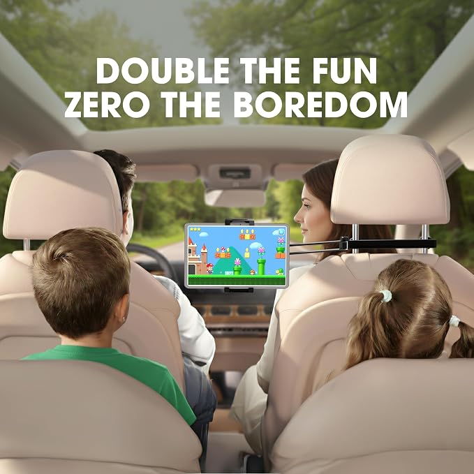 ZIRKA Car Headrest Tablet and Phone Holder – Adjustable Back Seat Mount for iPad, iPhone, Samsung – Heavy Duty Aluminium arm, 360° Rotation, for Kids, Travel, Road Trips, Fits 6”–19” Devices