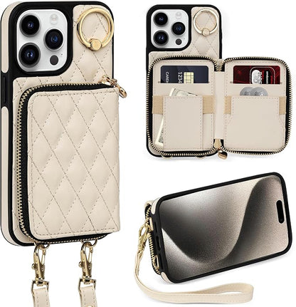 Keallce Case for iPhone 15 Pro Max 6.7'' Wallet Case, Crossbody Zipper Purse Handbag Wristlet for Women, RFID Blocking Card Holders, 360° Ring Kickstand Flip Leather Cover for iPhone 15 Pro Max, Beige