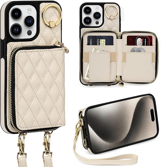Keallce Case for iPhone 15 Pro Max 6.7'' Wallet Case, Crossbody Zipper Purse Handbag Wristlet for Women, RFID Blocking Card Holders, 360° Ring Kickstand Flip Leather Cover for iPhone 15 Pro Max, Beige