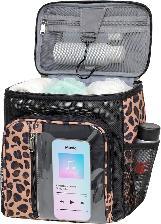 F-color Shower Caddy Portable for College Dorm Essentials - Large Hanging Sturdy Handle Toiletry Tote Bag with Hook, Multiple Pockets, Quick Dry Organizer for Camping, Travel, Gym, Leopard