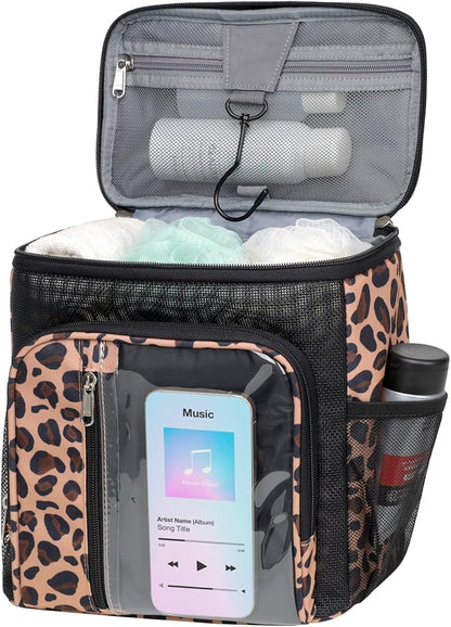 F-color Shower Caddy Portable for College Dorm Essentials - Large Hanging Sturdy Handle Toiletry Tote Bag with Hook, Multiple Pockets, Quick Dry Organizer for Camping, Travel, Gym, Leopard