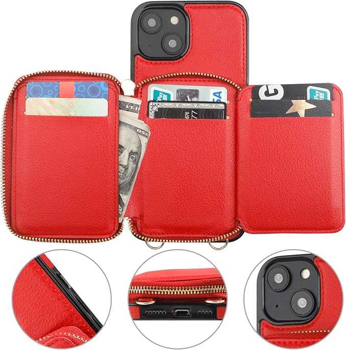 Bocasal RFID Blocking Wallet Case for iPhone 14 Plus, Adjustable Crossbody Zipper Purse Case Card Holder with Kickstand Detachable Wrist Strap, PU Leather Flip Folio Case 6.7 Inch 5G (Red)
