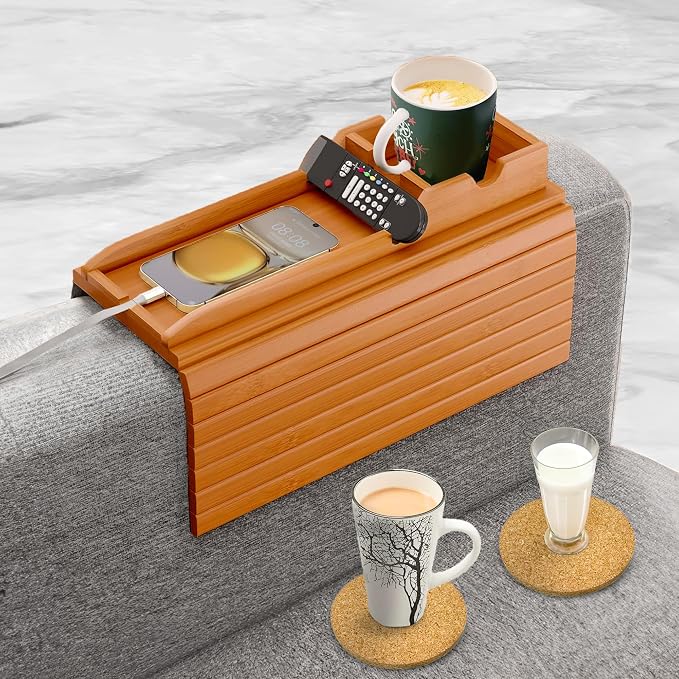 Couch Cup Holder Tray with 2 Cork Coasters, Couch Caddy, Anti-Slip Foldable Armrest Sofa Tray, Couch Armrest Table, Anti-Spill Holder for Remote, Snacks, Cellphone - Ideal Gift (Mahogany)