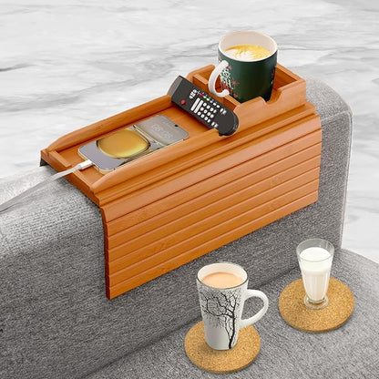 Couch Cup Holder Tray with 2 Cork Coasters, Couch Caddy, Anti-Slip Foldable Armrest Sofa Tray, Couch Armrest Table, Anti-Spill Holder for Remote, Snacks, Cellphone - Ideal Gift (Mahogany)