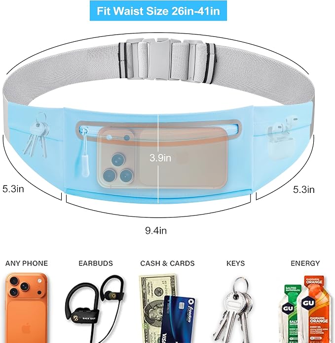 Slim Running Belt for Men Women - No-Bounce Phone Holder Waist Pack, Runners Fanny Pack with Sweat-Proof Pocket ，Travel Money Pouch for Gym/Hiking/Cycling (Light Blue)