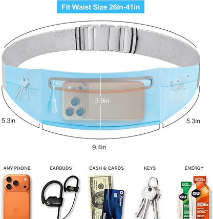 Slim Running Belt for Men Women - No-Bounce Phone Holder Waist Pack, Runners Fanny Pack with Sweat-Proof Pocket ，Travel Money Pouch for Gym/Hiking/Cycling (Light Blue)