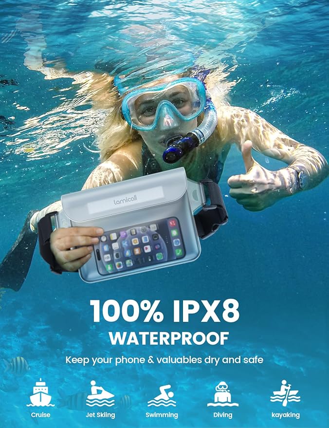Lamicall Waterproof Fanny Pack Pouch [Elastic Waist Strap] - Dry Bags Waterproof, Kayak, Boat, Travel, Paddle Board Accessories Must Haves, Beach Vacation Essentials, Clear