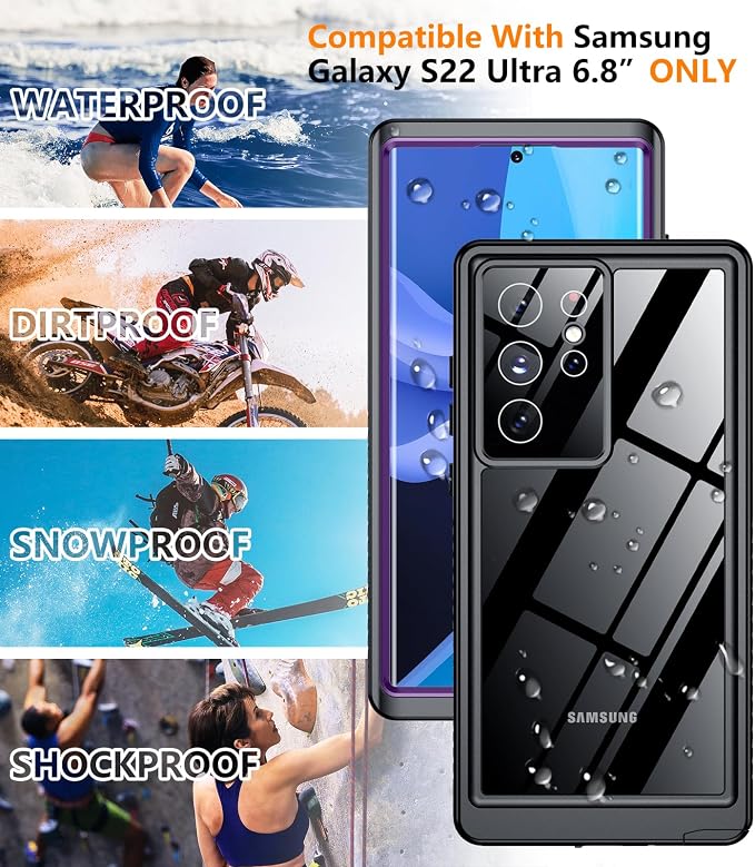 Temdan Designed for Samsung Galaxy S22 Ultra Case,Waterproof Built-in Lens & Screen Protector [Full Body Shockproof][Military Drop Proof][IP68 Underwater] Phone Case for S22 Ultra 5G-Purple (2022)