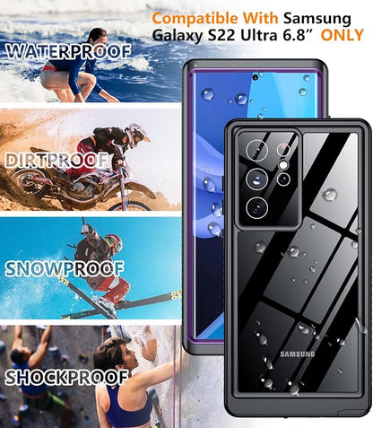 Temdan Designed for Samsung Galaxy S22 Ultra Case,Waterproof Built-in Lens & Screen Protector [Full Body Shockproof][Military Drop Proof][IP68 Underwater] Phone Case for S22 Ultra 5G-Purple (2022)