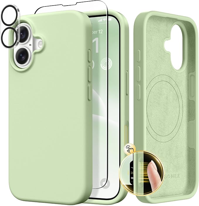 GONEZ Magnetic for iPhone 17 Case, Compatible with MagSafe, [Screen Protector + Camera Lens Protector], Liquid Silicone Anti-Scratch Shockproof Protective Phone Case 6.3 inch, Green