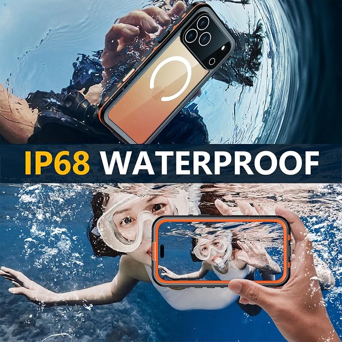 Red2Fire for iPhone 17 Pro Max Case Waterproof, [Built-in Screen Protector & Camera Protector][Compatible with MagSafe][Full Body Shockproof][IP68 Waterproof][Dustproof] Phone Case 6.9" Oragne/Clear