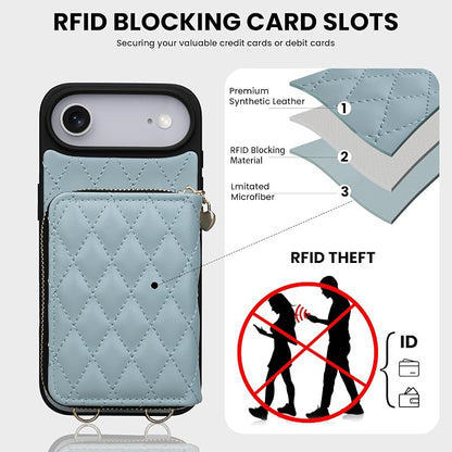 Keallce Case for iPhone Air 6.5'' Wallet Case, Crossbody Zipper Purse with Wrist Strap Lanyard Handbag, RFID Blocking Card Holders, Kickstand Flip Leather Cover for iPhone 17 Air, Blue