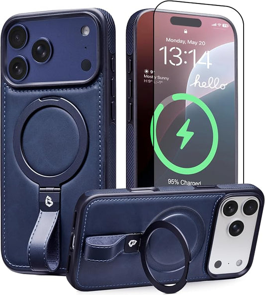for iPhone 17 Pro Leather Case with Stand, Anti-Slip Grip Ring, Fits for MagSafe (Blue, iPhone 17 Pro)