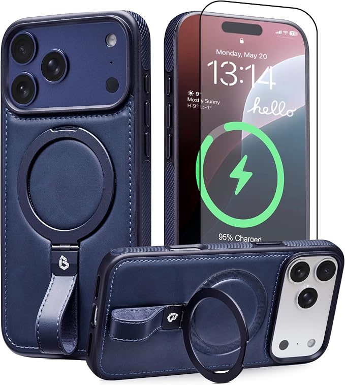 for iPhone 17 Pro Max Leather Case with Stand, Anti-Slip Grip Ring, Fits for MagSafe (Blue, iPhone 17 Pro Max)