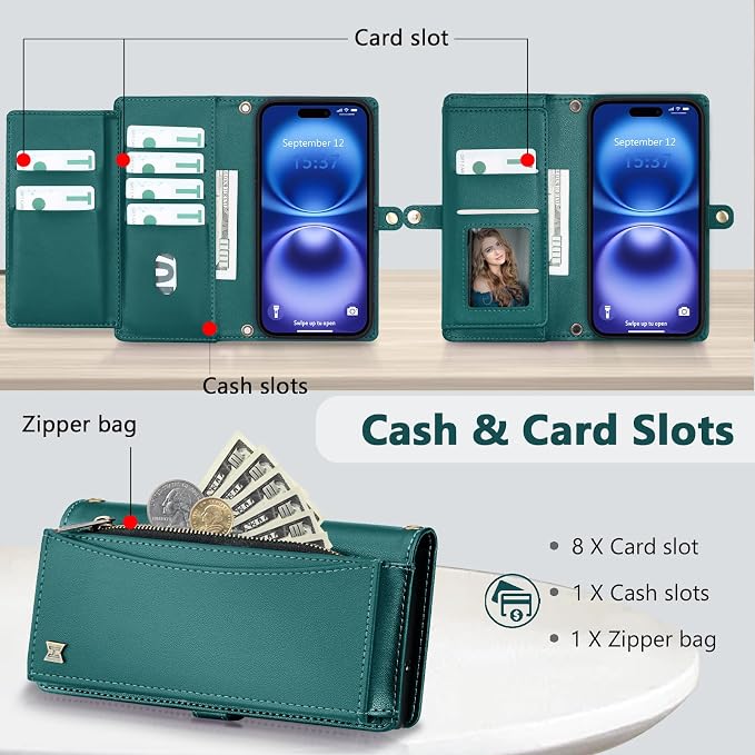 Wallet Case for iPhone 16 with Card Holder/Crossbody Wallet/Strap| RFID Blocking | Magnetic | Kickstand | Detachable | PU Leather Phone Case for iPhone 16,6.1 in,Green