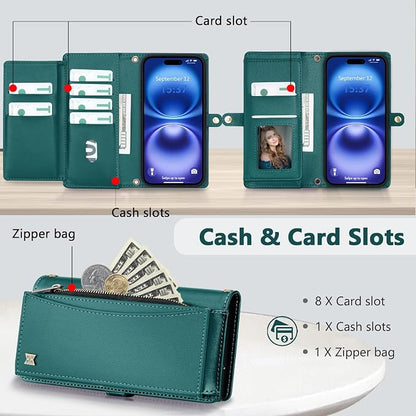 Wallet Case for iPhone 16 with Card Holder/Crossbody Wallet/Strap| RFID Blocking | Magnetic | Kickstand | Detachable | PU Leather Phone Case for iPhone 16,6.1 in,Green