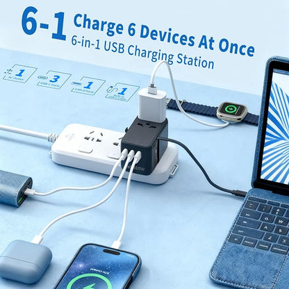 70W GaN Universal Travel Adapter - 6-in-1 International Plug Adapter Wall Charger for 200+ Countries, Built-in USB-C Cable Multi Port Fast Charging Worldwide - US/EU/UK/AUS