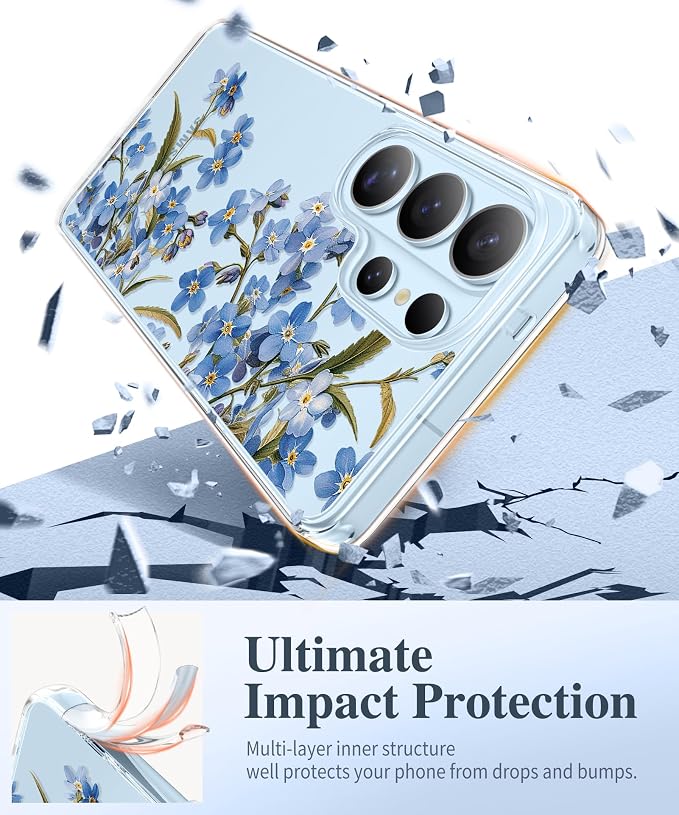 GVIEWIN for Samsung Galaxy S26 Ultra Case, Clear Floral Slim Shockproof Protective Women Phone Case, Non-Yellowing, with Screen Protector & Camera Lens Protector for S26 Ultra 6.9", Aconite/Blue
