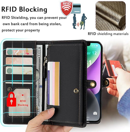 for Wallet Case Compatible with iPhone 14,Multi-Function Detachable 2 in 1 Magnetic iPhone 14 Case Wallet,Flip Strap Zipper Card Holder Phone Case with Shoulder Straps (Black)