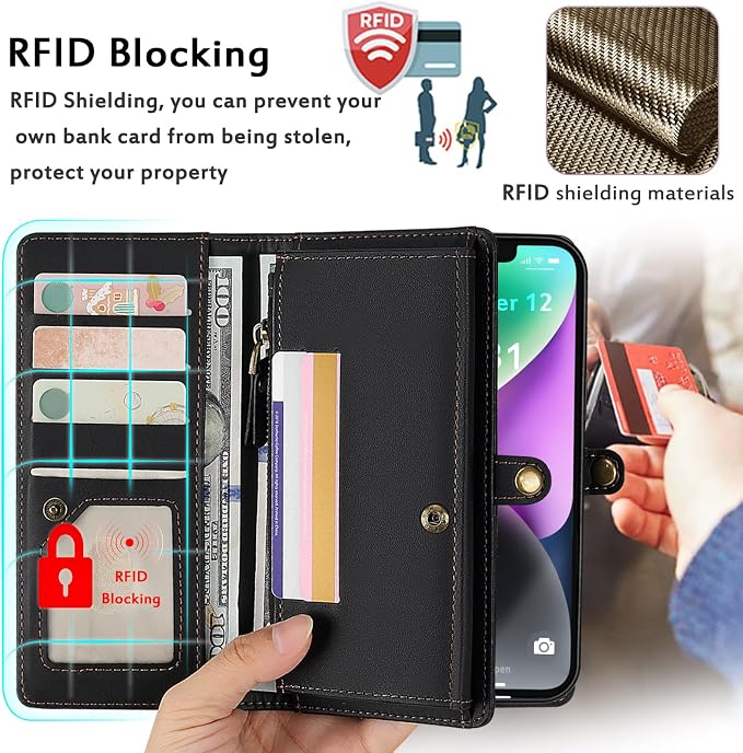 for Wallet Case Compatible with iPhone 15,Multi-Function Detachable 2 in 1 Magnetic iPhone 15 Wallet,Flip Strap Zipper Card Holder Phone Case with Shoulder Straps (Black)