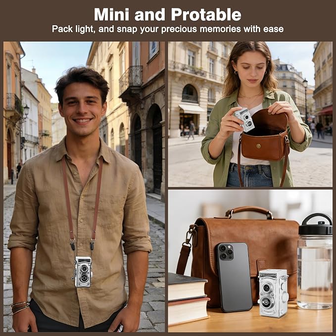 Mini Retro TLR Digital Camera, Portable 24MP 1080P FHD Vintage Point and Shoot Pocket Travel Camera with Twin Lens, Autofocus, 16X Digital Zoom, 16GB Card, for Beginners, Teens & Adults - White