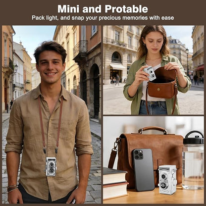 Mini Retro TLR Digital Camera, Portable 24MP 1080P FHD Vintage Point and Shoot Pocket Travel Camera with Twin Lens, Autofocus, 16X Digital Zoom, 16GB Card, for Beginners, Teens & Adults - White