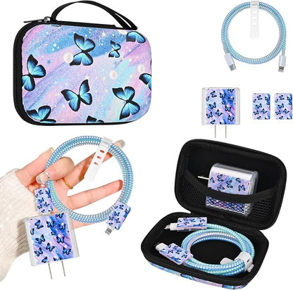 Phone Charger Case Storage Set with Cute Butterfly Cable Protector with Carrying Cable Case Bag,Cord Organizer, USB Earphone Wire Saver Organizer Charger Protector for iPhone (Colourful Butterfly)