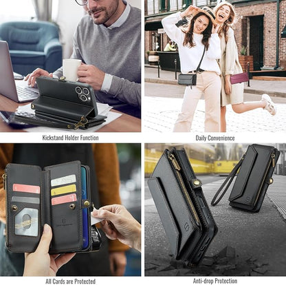 Strapurs Wallet Case Compatible with iPhone 16 Pro 6.3" RFID Blocking 10-Card Holder Soft PU Leather Magnetic Snap Shoulder Strap Zipper Pocket Phone Case Fit for iPhone 16 Pro for Women - Black