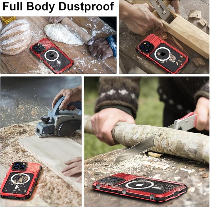 WIFORT for iPhone 14 Pro Waterproof Case - Metal Heavy Duty Full Body Protective Cover Built-in Screen Protector, IP68 Water Proof Military Grade Shockproof Rugged Drop Defender Phone case 6.1" Red