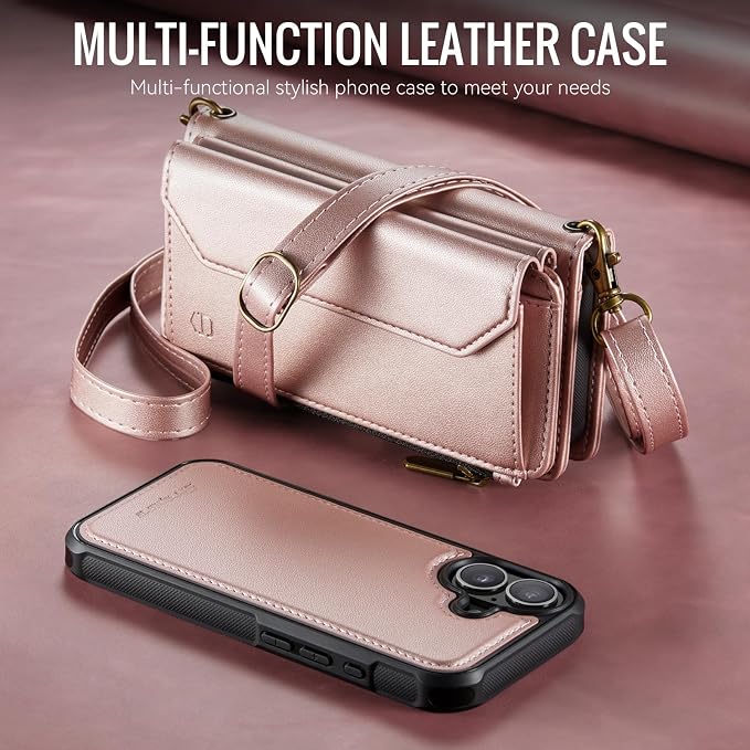 Strapurs for iPhone 16 Plus Detachable Wallet Case Compatible with Magsafe, RFID Blocking 9-Card Holder Zipper Wrist Strap Lanyard PU Leather Magnetic Phone Case for iPhone 16 Plus 6.7", Rose Gold