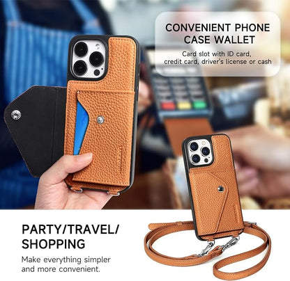 LUCKYCOIN for iPhone 14 Pro Max Crossbody Wallet Case – Genuine Leather Phone Purse with Adjustable Strap and Card Holder,Lanyard Phone Purse Case for Women,Pebble Grain Brown
