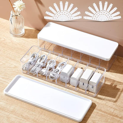 Tatuo 2 Pcs Cord Organizer for Drawer Desktop, Cable Organizer Box with 8 Compartments and Wire Ties, Plastic Charger Storage with Lid, Electronics Case for Home Office Accessories (Small,Clear,White)