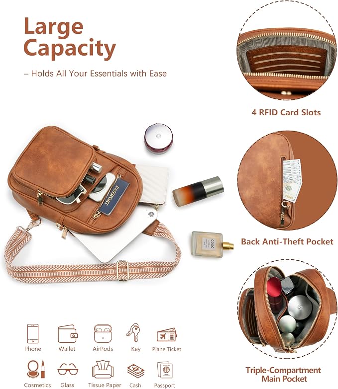 Anti Theft Crossbody Bags for Women,RFID Sling Bag Travel Purse,Vegan Leather Cross Body Purses Chest Bag for Travel(Pure Brown) | Multi-Pocket, Structured bag, Any Occasion