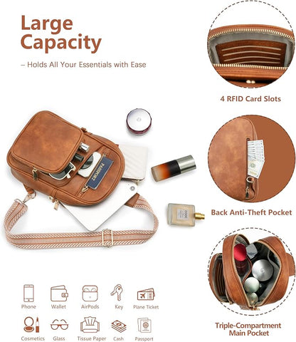 Anti Theft Crossbody Bags for Women,RFID Sling Bag Travel Purse,Vegan Leather Cross Body Purses Chest Bag for Travel(Pure Brown) | Multi-Pocket, Structured bag, Any Occasion