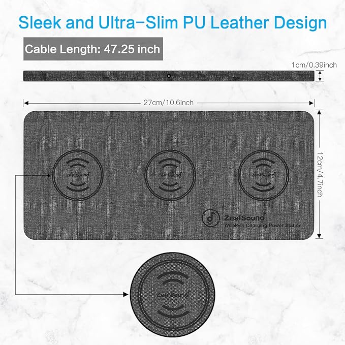 ZealSound Triple Wireless Charger,Charging Pad,Ultra Slim Fast 3x10W Charger Station for Multiple 3 Devices New Airpods Samsung Earbuds Mat Dock W/AC Adapter for All Wireless Charging Phones