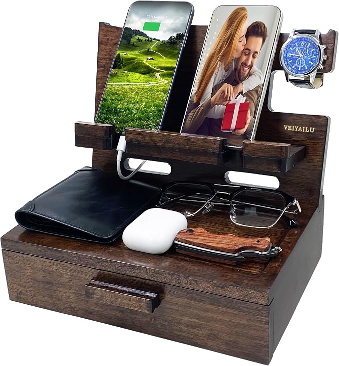 Gifts for Men Women Husband Son Boyfriend Him Nightstand Organizer Wood Phone Docking Station Birthday Gifts (Walnut) | Gifts for Men Women, Birthday Gifts