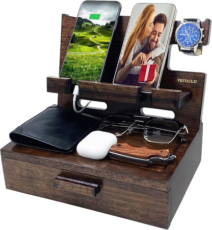 Gifts for Men Women Husband Son Boyfriend Him Nightstand Organizer Wood Phone Docking Station Birthday Gifts (Walnut) | Gifts for Men Women, Birthday Gifts