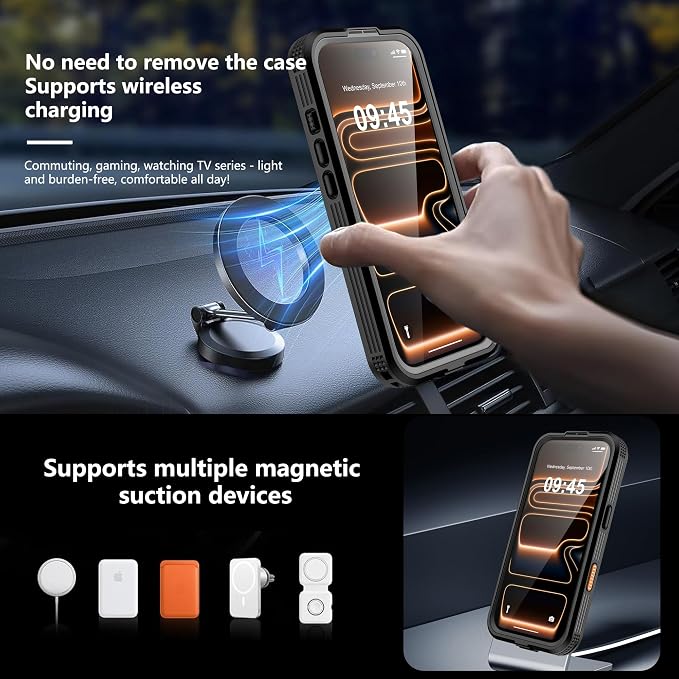 GOLDJU 2025 New Magnetic for iPhone 17 Pro Case-Waterproof, Built-in Screen & Camera Protector-IP68 Underwater Full Body 16FT Military Dropproof Shockproof Case for 17 Pro 6.3''- Black