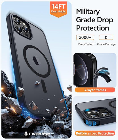 FNTCASE for iPhone 12 Pro Max Case: [Compatible with Magsafe] Translucent Matte Magnetic Phone Cover - Military Grade Drop Protection Shockproof Protective Cases - Black