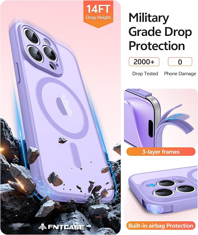 FNTCASE for iPhone 15 Pro Max Case: [Compatible with Magsafe] Translucent Matte Cases with [Full Camera Protection] [Screen Protector] Military Grade Shockproof Protective Phone Cover - Light Purple